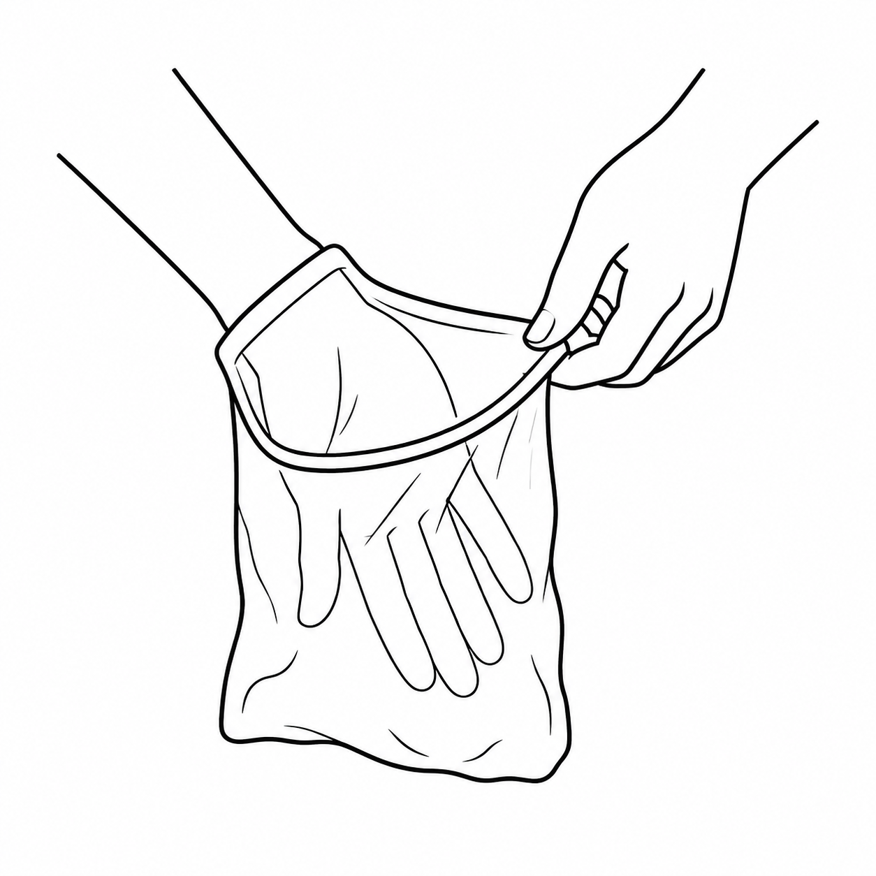 Line drawing showing a bag placed over a hand like a glove
