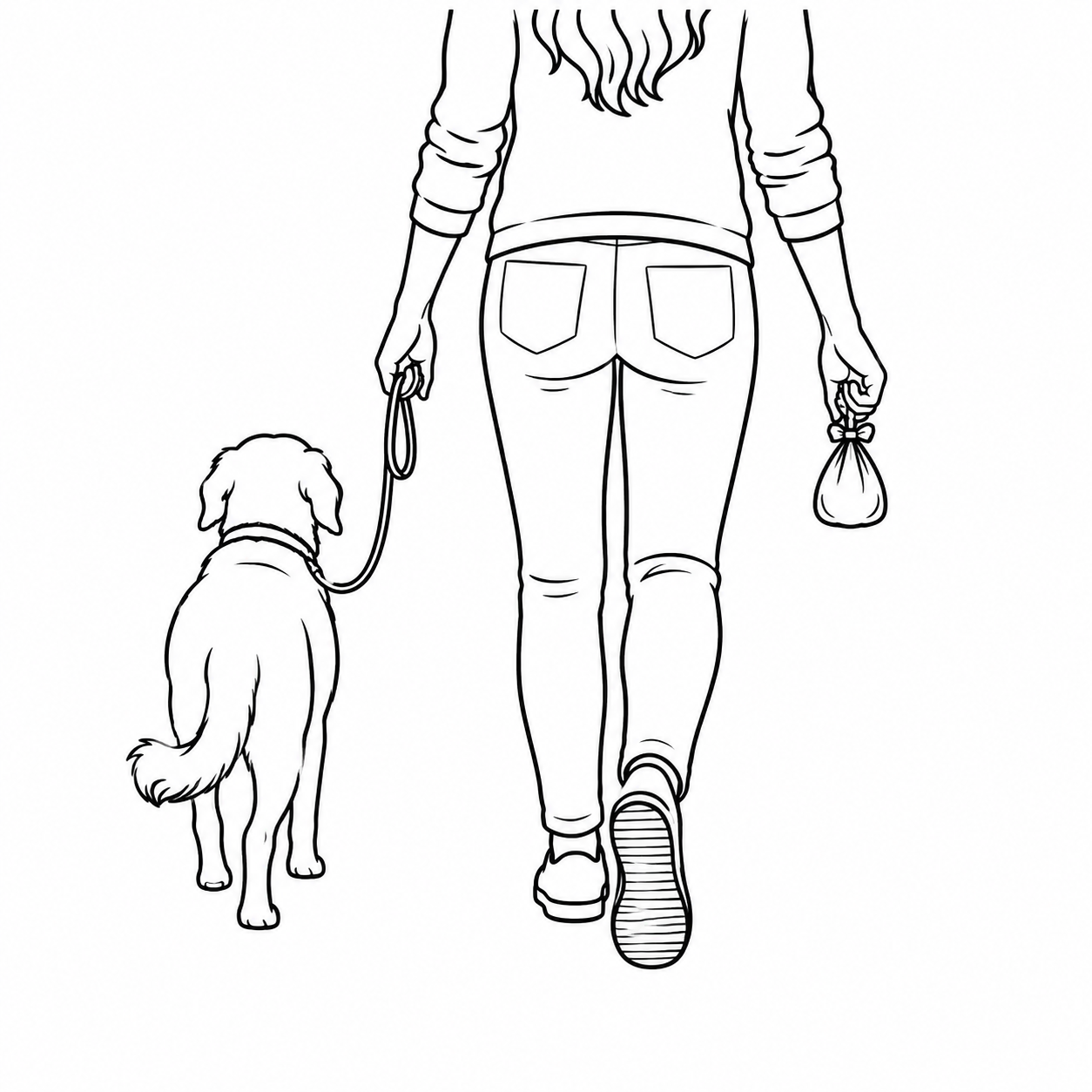 Line drawing showing the filled bag tied and carried away